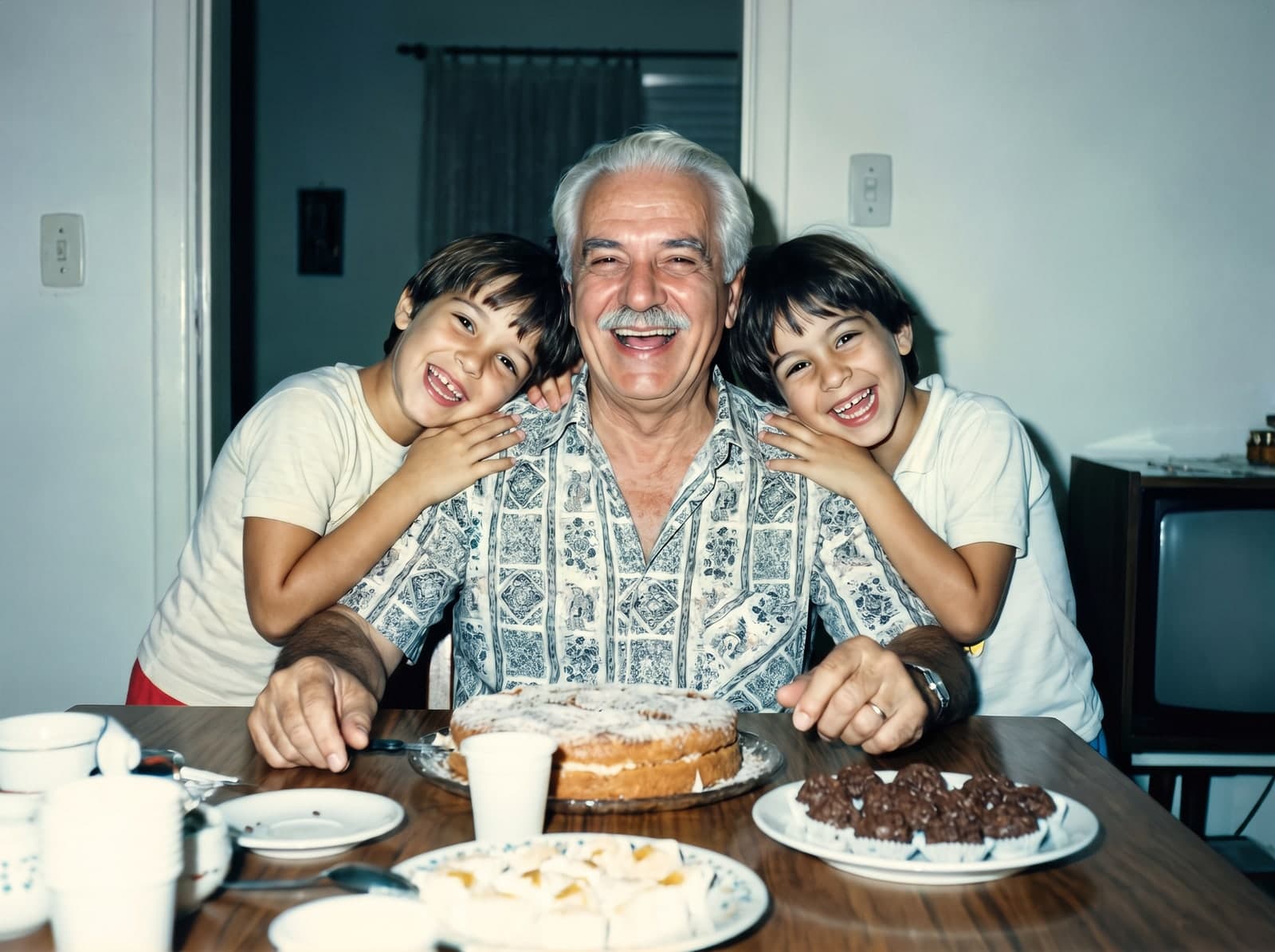 A mesma foto do avô com os netos depois de restaurada e colorida, sem o rasgo do canto e sem as manchas da parede