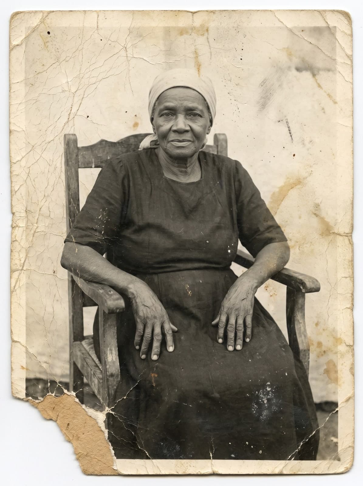 Foto antiga em preto e branco de uma senhora sentada numa cadeira de madeira, com rasgos, manchas e cantos quebrados