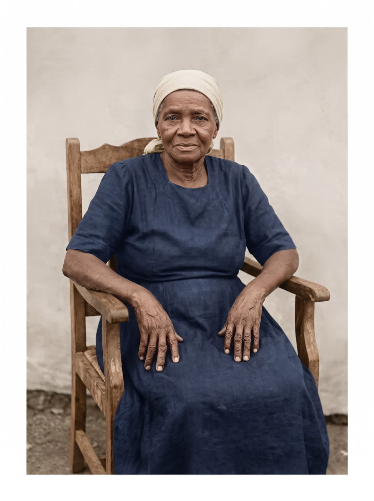 A mesma foto restaurada: a senhora nítida, em cores naturais, de vestido azul, sem rasgos nem manchas