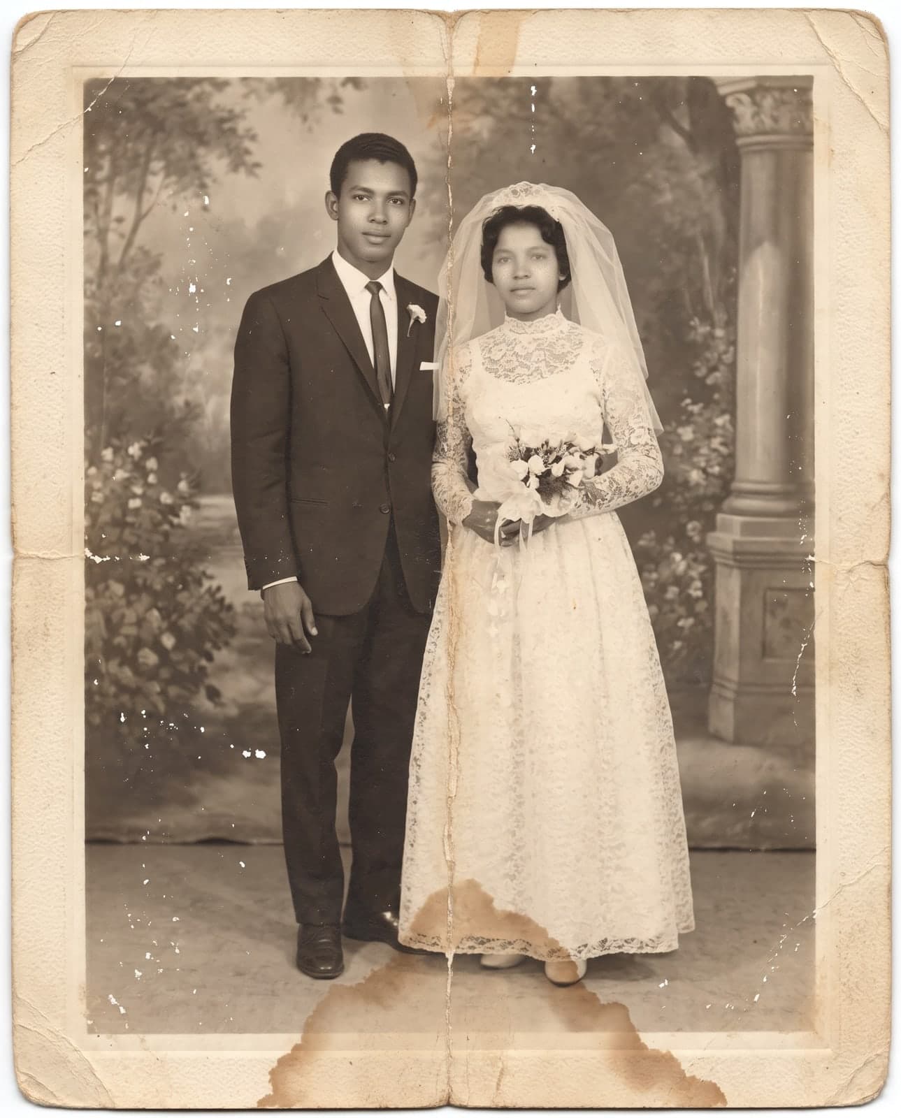 Foto de casamento antiga, com manchas, dobra no meio e papel envelhecido, antes da restauração