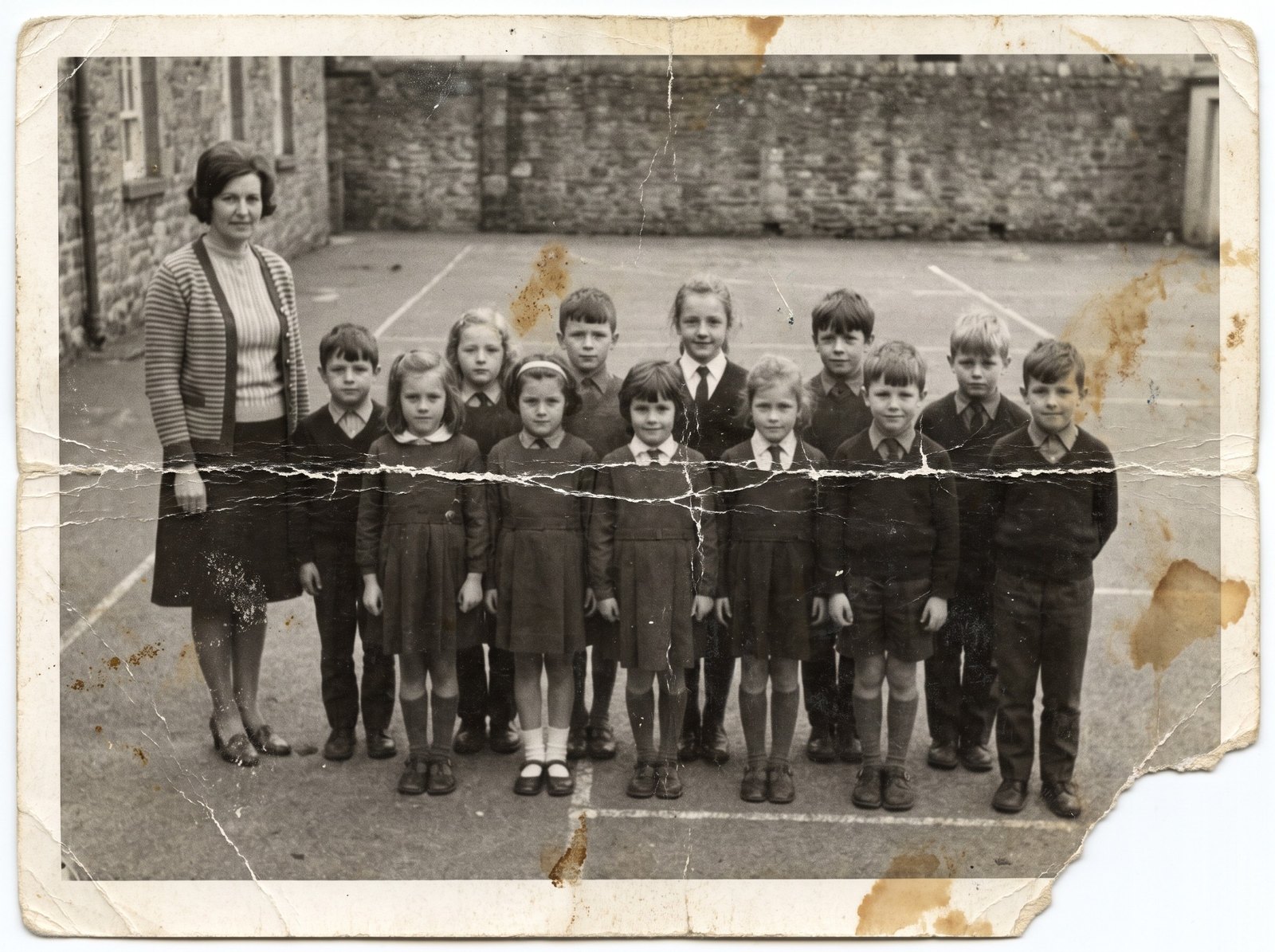 Old black-and-white photo of a class of children in uniform in two rows on a schoolyard, with a teacher beside them, covered in creases, brown stains and a torn corner