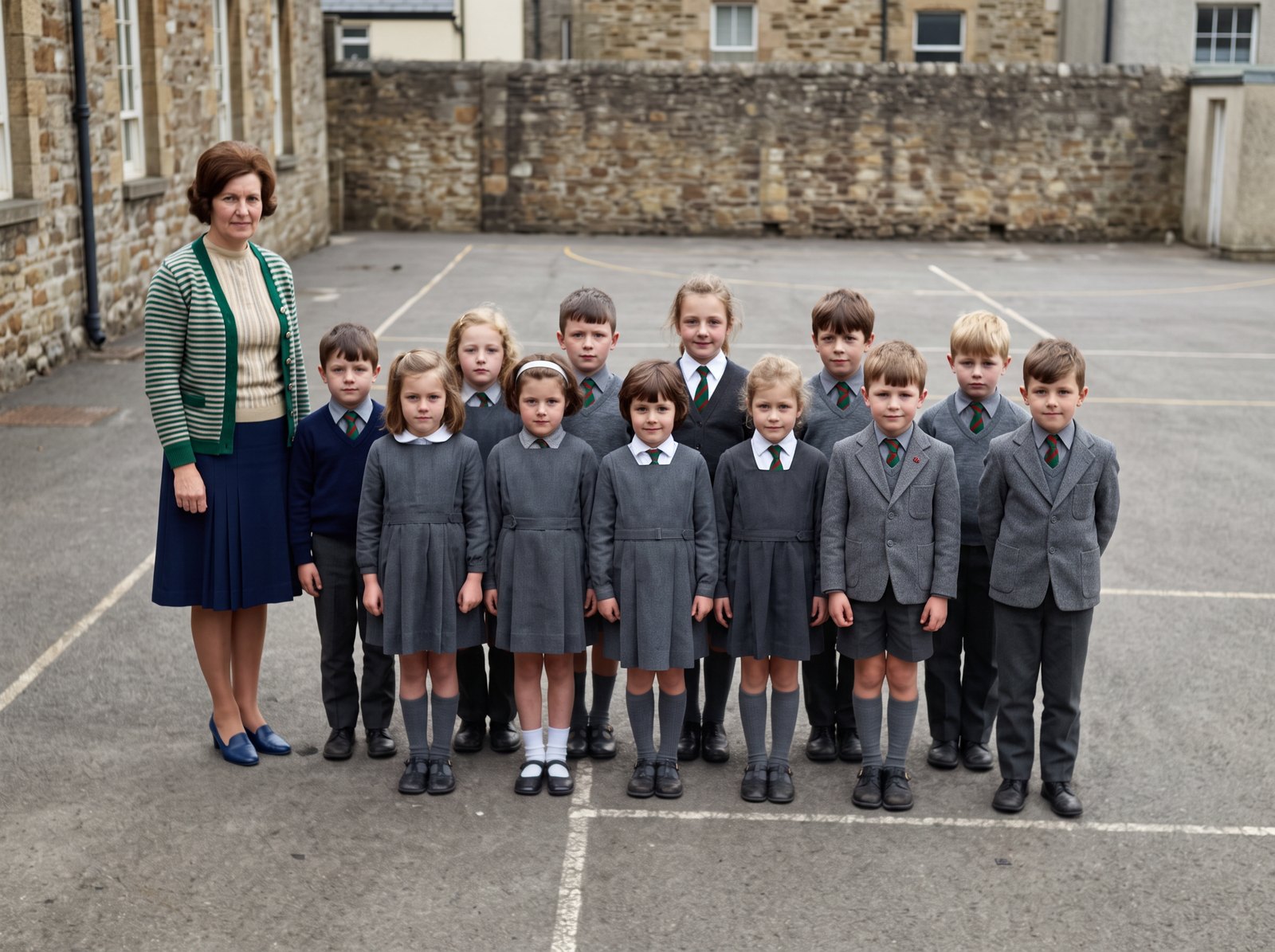 The restored and colorized photo: the children in gray uniforms and the teacher in the yard, in natural colors and without creases or stains. The AI also swapped the dark pullover of two boys in front for gray jackets and completed the photo's border with the continuation of the building and the yard.