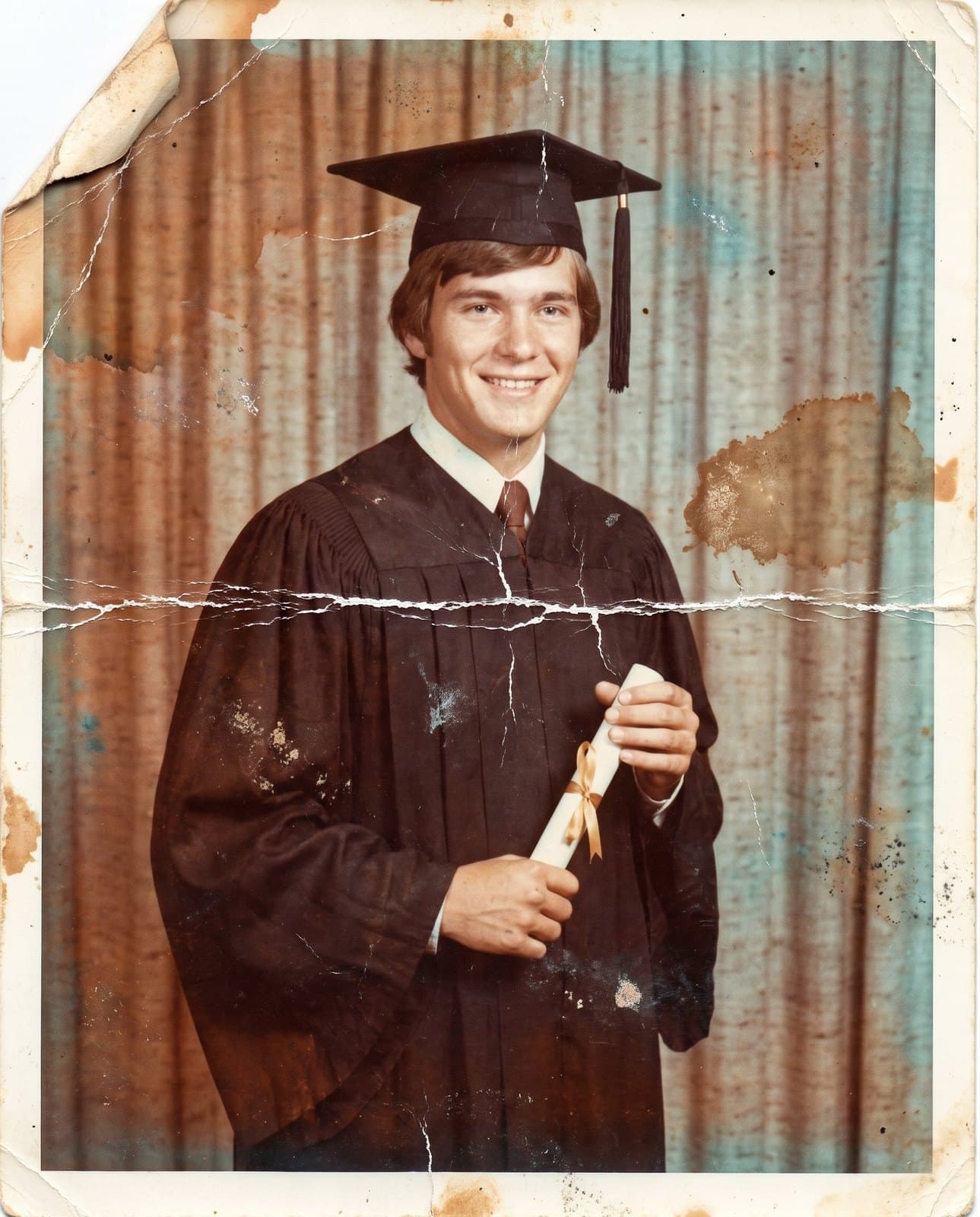 Old color photo of a smiling young man in a black gown and cap, holding a rolled diploma tied with a ribbon in front of a curtain, with faded color, creases, brown stains and a torn corner