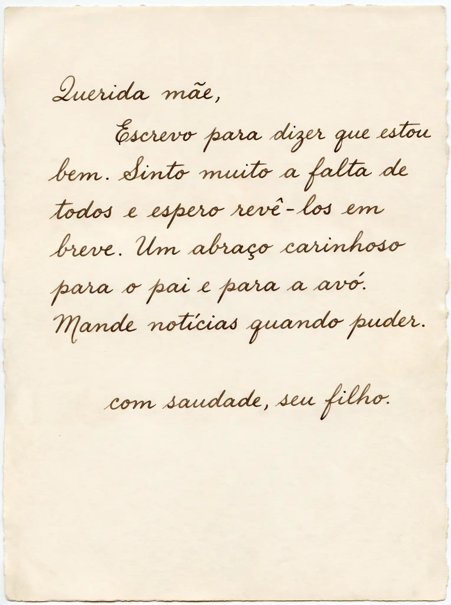 A mesma carta restaurada: papel limpo, sem dobras, e a letra nítida