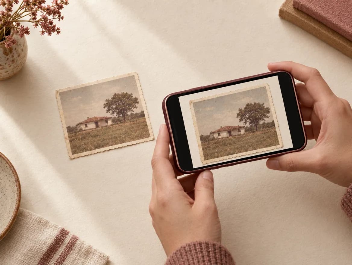 Ilustração de uma foto de paisagem na mesa e de sua cópia digital na tela de um celular