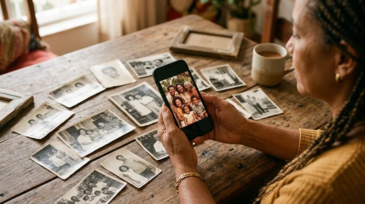 Mãos segurando um celular antigo exibindo uma foto restaurada ao lado de fotos físicas antigas em uma mesa de madeira.