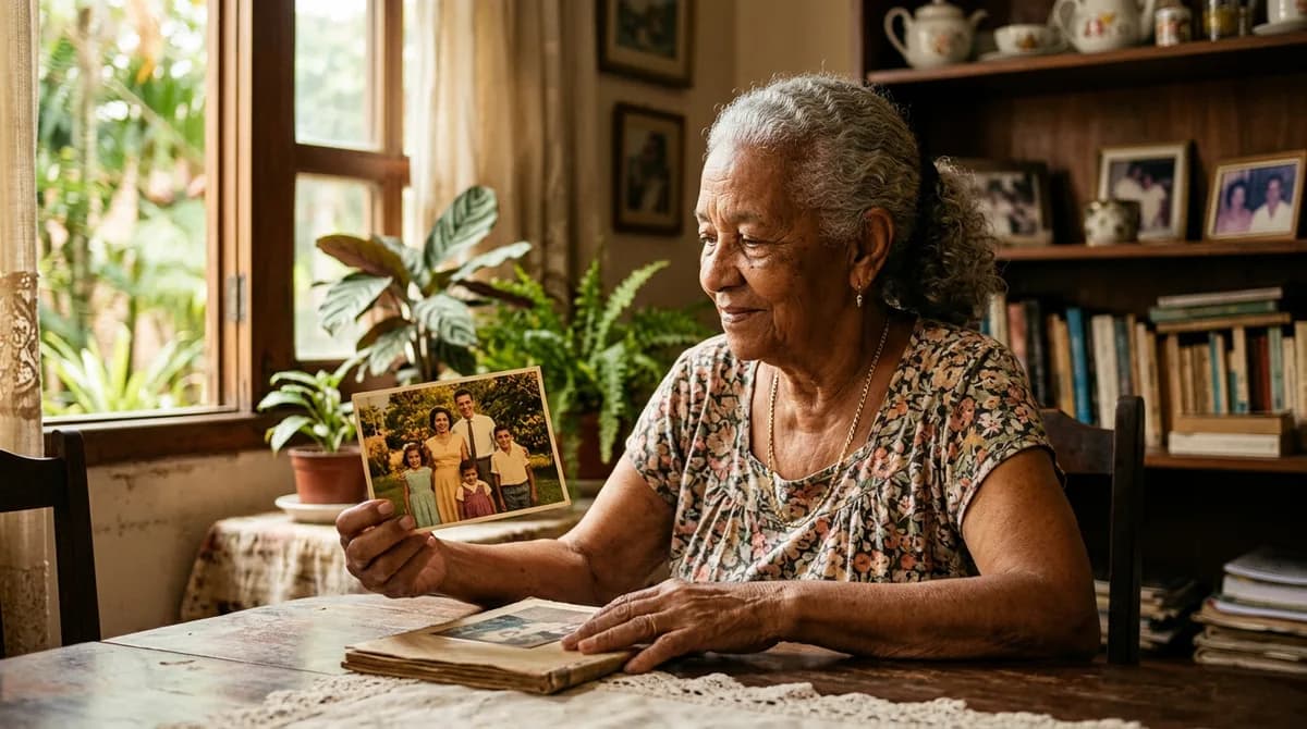 Mulher idosa brasileira olhando maravilhada para foto colorizada de casamento dos anos 60