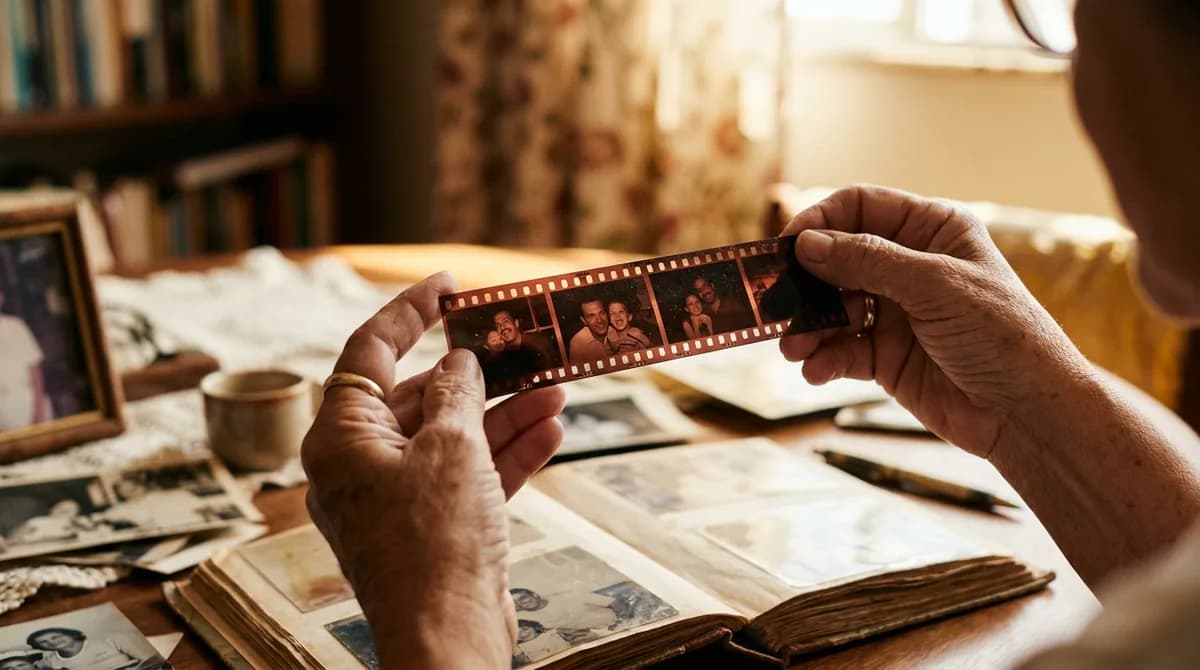 Mãos cuidadosas segurando uma película de negativo fotográfico antigo de 35mm sob luz suave e quente