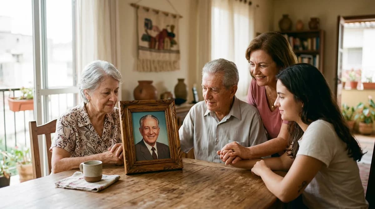 Retrato antigo restaurado de um avô exposto em moldura de madeira sobre mesa decorada para o Dia de Finados