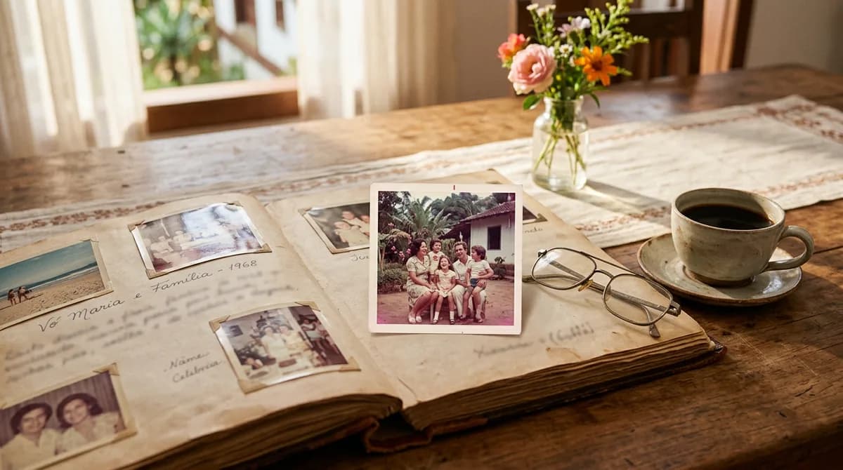 Mesa rústica de madeira com um álbum de família contendo uma foto antiga colorida desbotada ao lado de óculos de leitura.