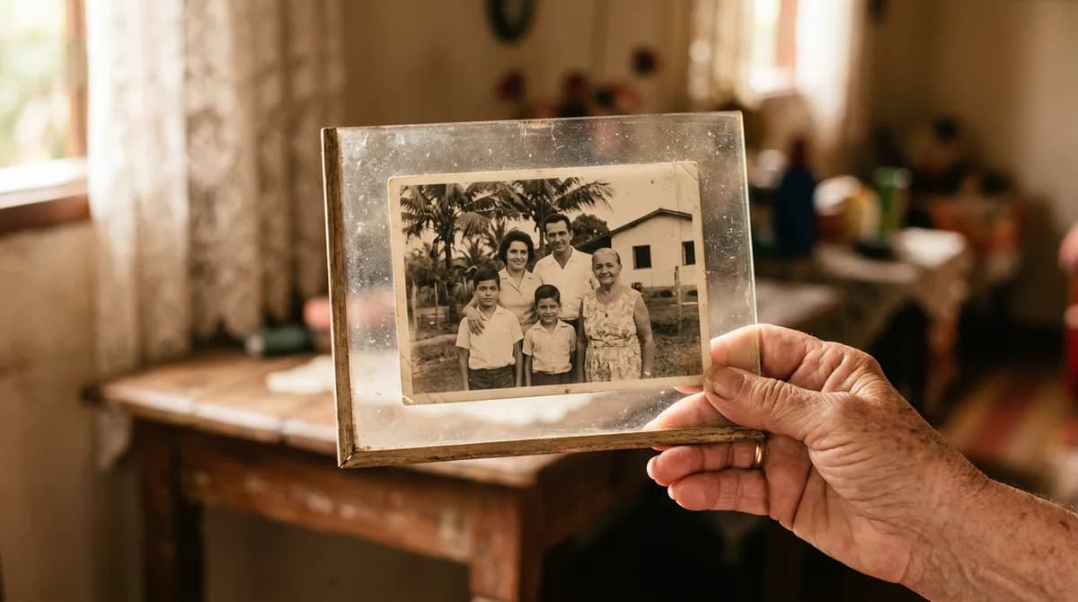 Mão segurando uma foto antiga de família colada ao vidro de um porta-retrato, sob luz suave.