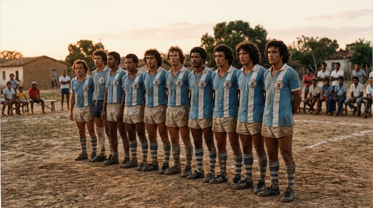 Foto antiga restaurada em tons quentes de um time de futebol de várzea reunido em campo de terra em 1978