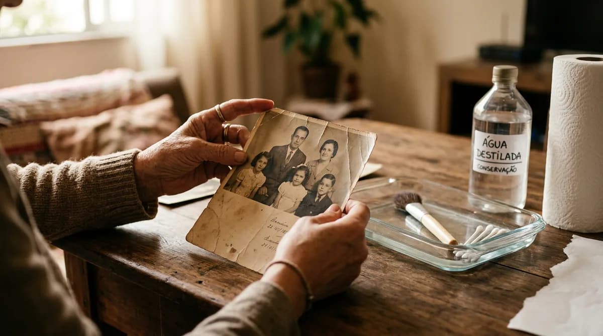 Mãos cuidadosas segurando uma foto de família antiga levemente úmida sobre uma mesa de madeira com água destilada ao fundo