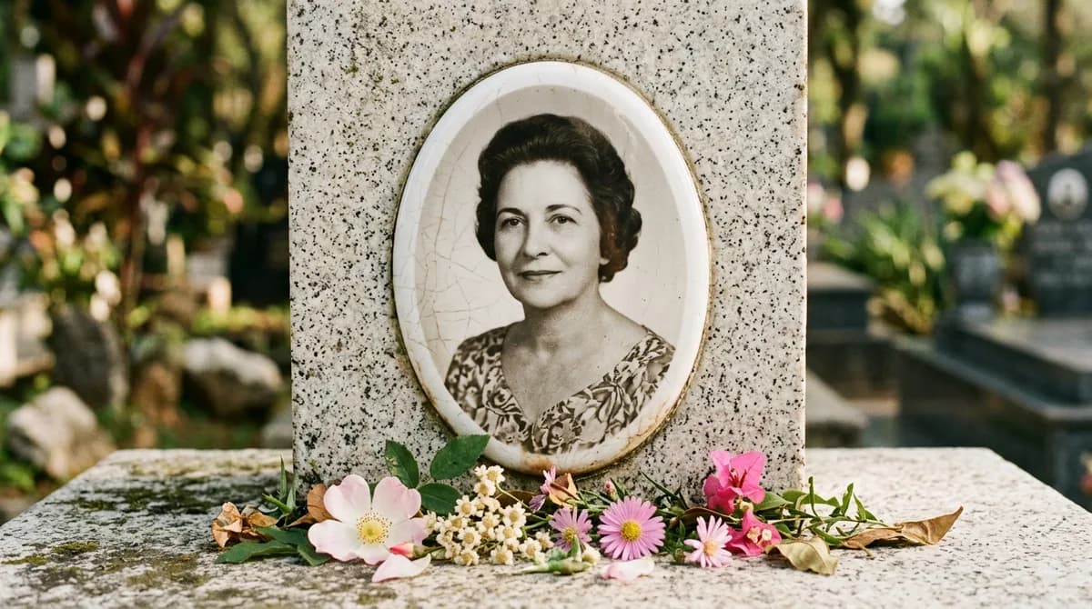 Retrato delicado em placa de porcelana oval sobre superfície de granito claro com flores e iluminação suave de sol