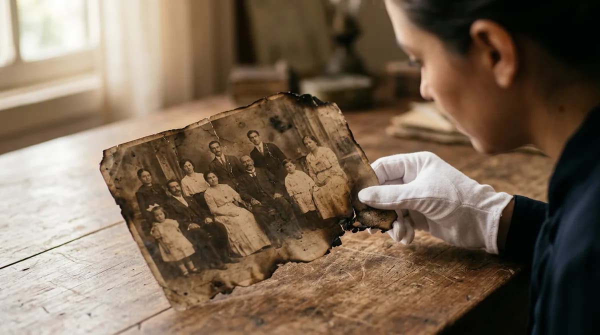 Fotografia de família antiga com bordas carbonizadas e fuligem sendo limpa delicadamente com luvas brancas sob iluminação quente