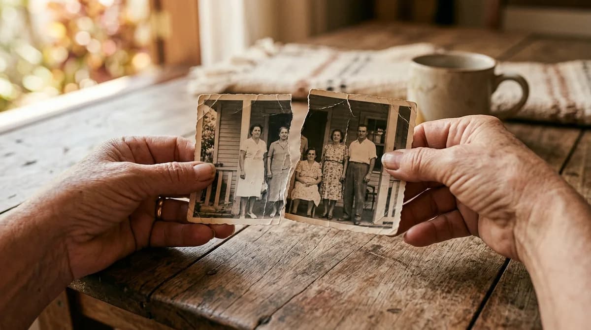 Mãos cuidadosas segurando uma fotografia antiga rasgada ao meio sob luz natural suave sobre mesa de madeira