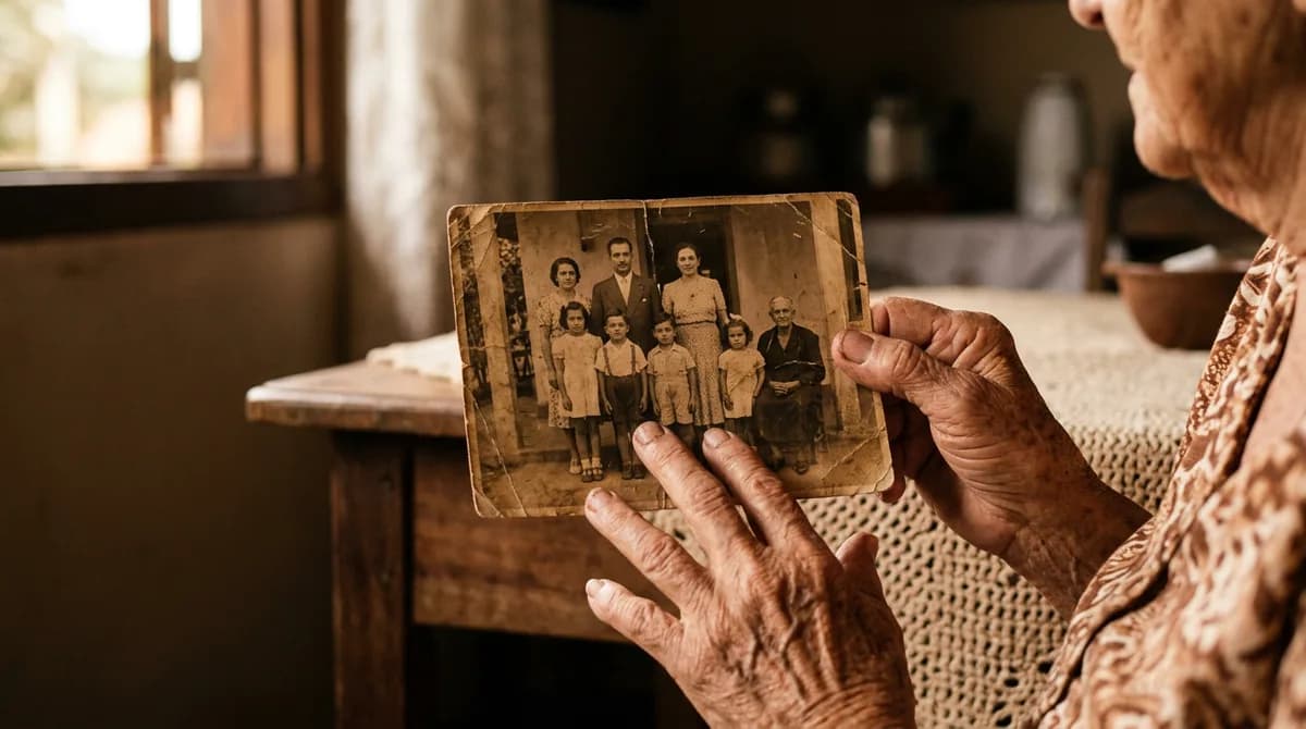 Mãos cuidadosas segurando uma foto antiga de família em tom sépia, iluminada por luz natural suave