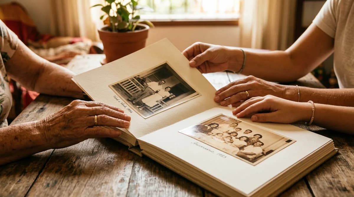 Pessoas folheando um fotolivro de família premium de alta qualidade com fotos restauradas sobre uma mesa rústica de madeira