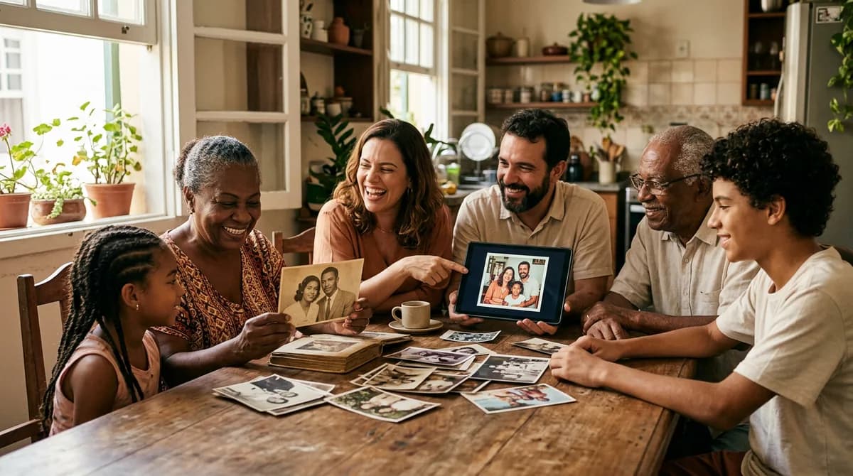 Mãos de uma família brasileira folheando um acervo de fotos antigas digitalizadas em um tablet e fotos impressas na mesa.