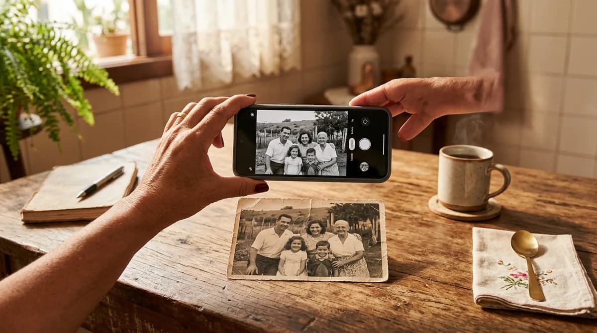 Mãos segurando um celular iPhone moderno acima de uma foto de família antiga em preto e branco sobre mesa de madeira rústica, simulando escaneamento digital de fotos antigas.