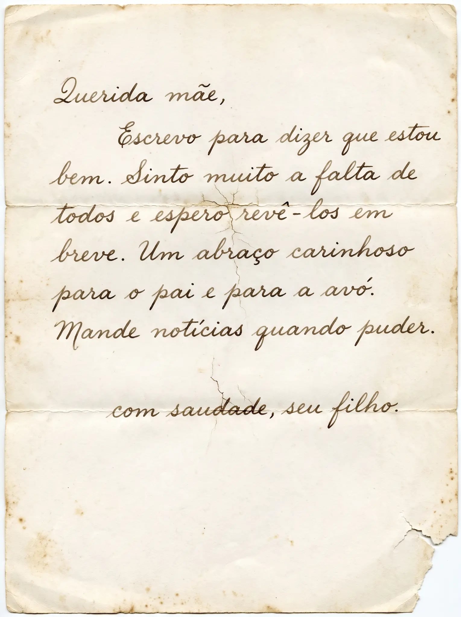Carta de 1950 antes de la restauración: papel amarillento y tinta desvanecida