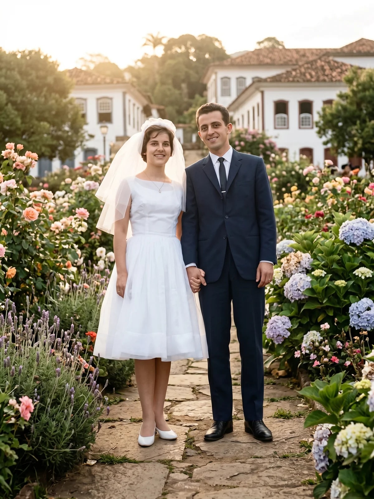 La misma escena reimaginada por la IA: la pareja en el jardín al atardecer, con los mismos rostros y la misma ropa
