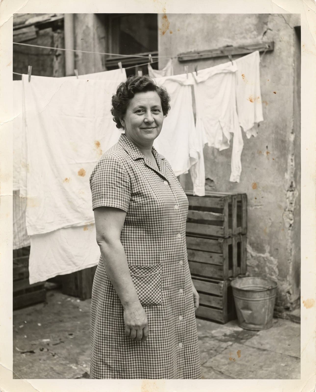 Old black-and-white photo of a smiling woman in a plaid dress, in a backyard with clothes on a line, wooden crates and a bucket, with creases, brown stains and the paper border of the print