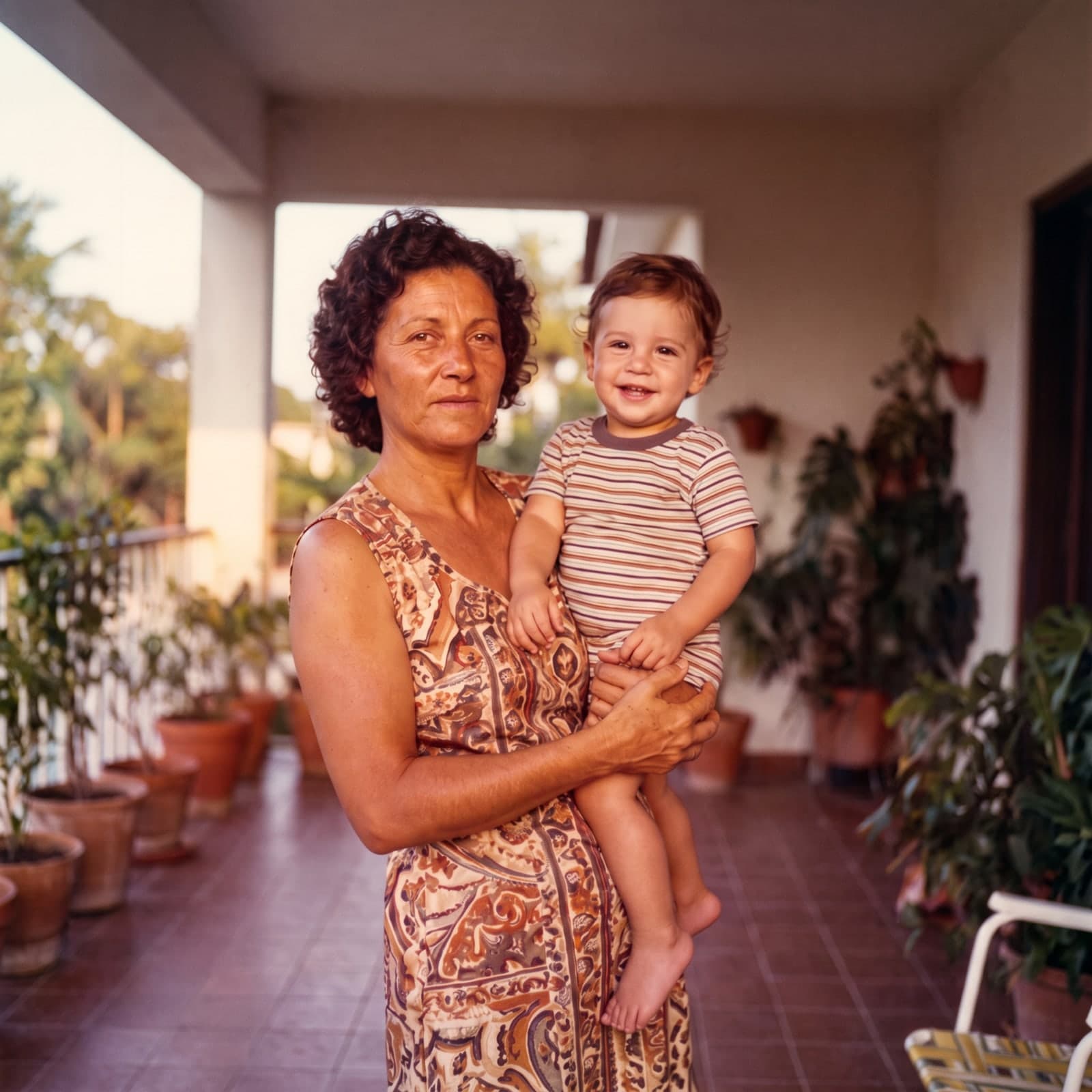 A mesma foto restaurada: a mulher na varanda com a criança sorrindo no colo, em cores naturais, sem riscos, vincos nem marca de dedo.