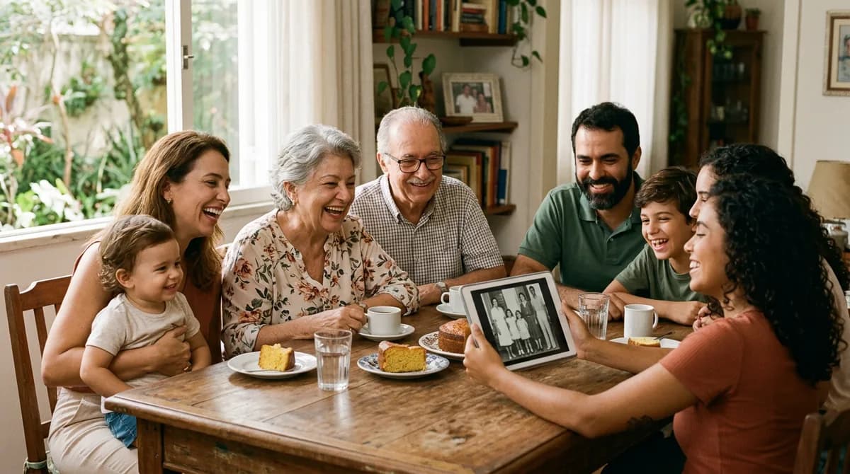 Família reunida sorrindo ao redor de um tablet visualizando fotos antigas digitalizadas e restauradas com luz quente e acolhedora