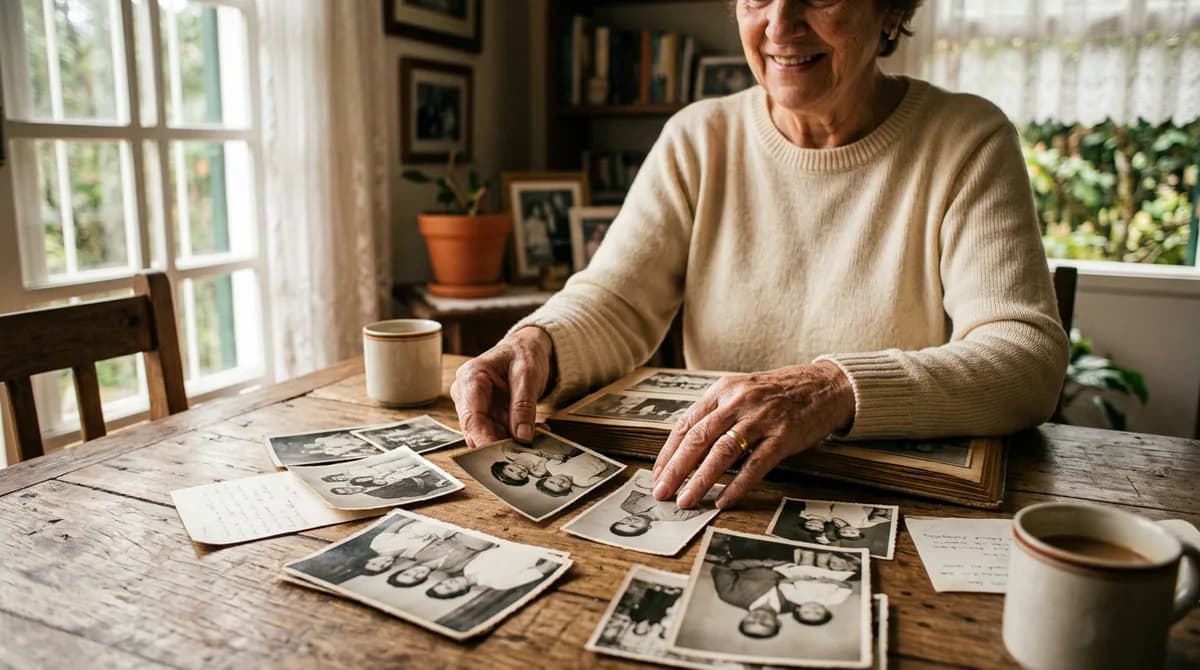Mãos maduras folheando e organizando um álbum de fotos de família antigo em uma mesa de madeira iluminada pela luz do sol