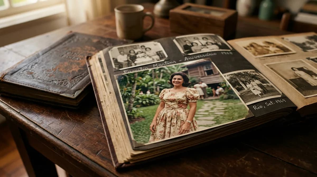 Foto de época restaurada mostrando a colorização natural de um vestido vintage sob luz suave