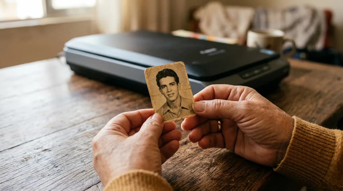 Mão segurando uma foto 3x4 antiga e desbotada de um homem brasileiro, em frente a um scanner moderno com iluminação acolhedora e nostálgica.