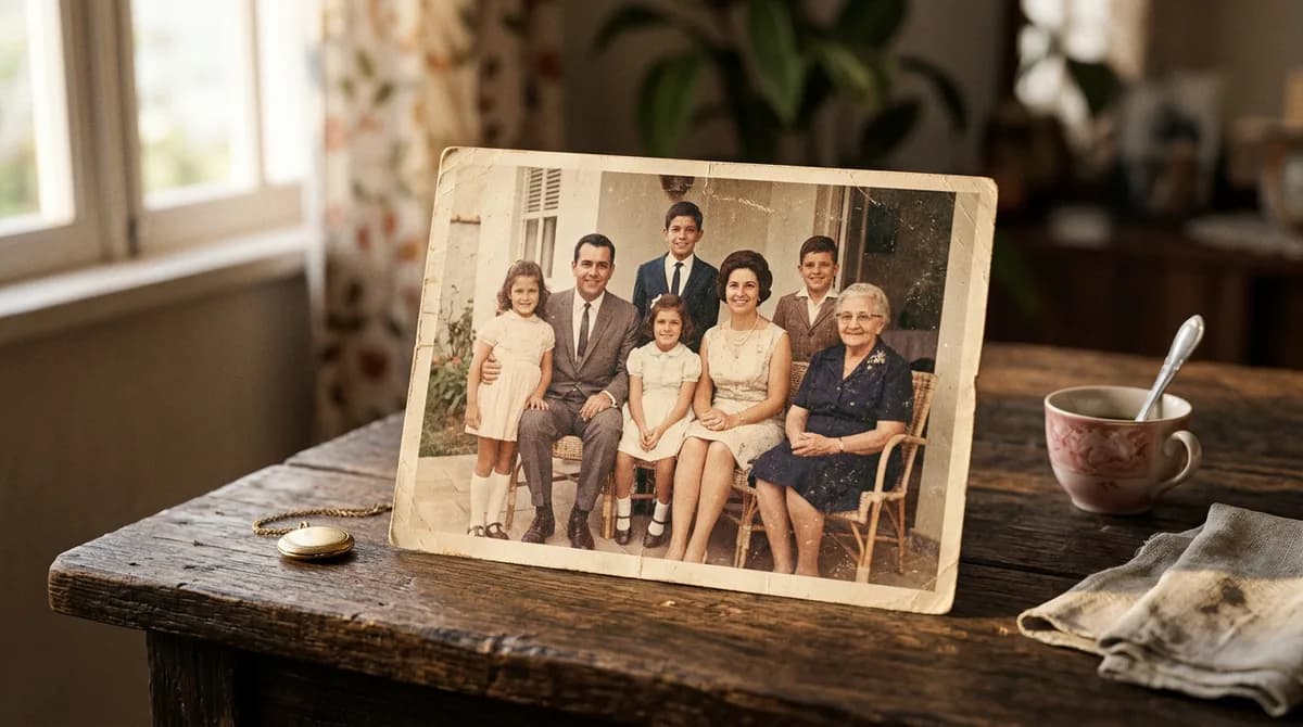 Foto de família antiga amarelada sobre uma mesa de madeira rústica, iluminada pela luz suave do sol