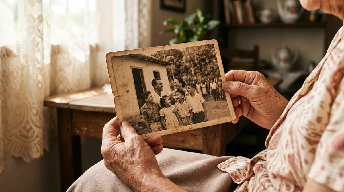 Mãos de uma pessoa segurando um smartphone antigo que mostra uma foto de família restaurada e nítida sob luz natural suave