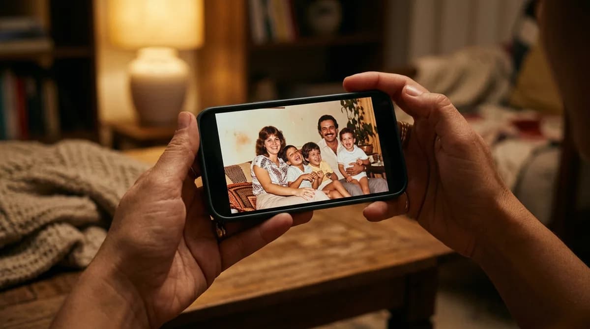 Mãos de uma mulher segurando um smartphone que exibe uma foto antiga de família restaurada e nítida sob uma iluminação quente e suave