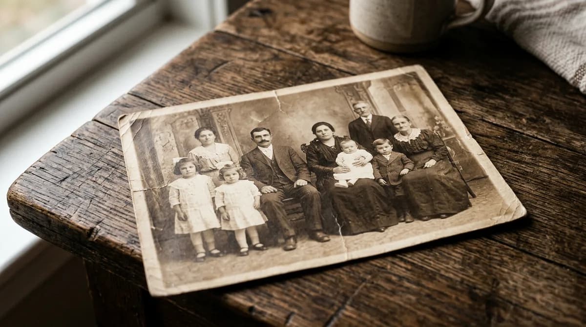Retrato antigo de estúdio de uma família de imigrantes de 1920 sendo exibido com luz solar suave sobre uma mesa rústica de madeira