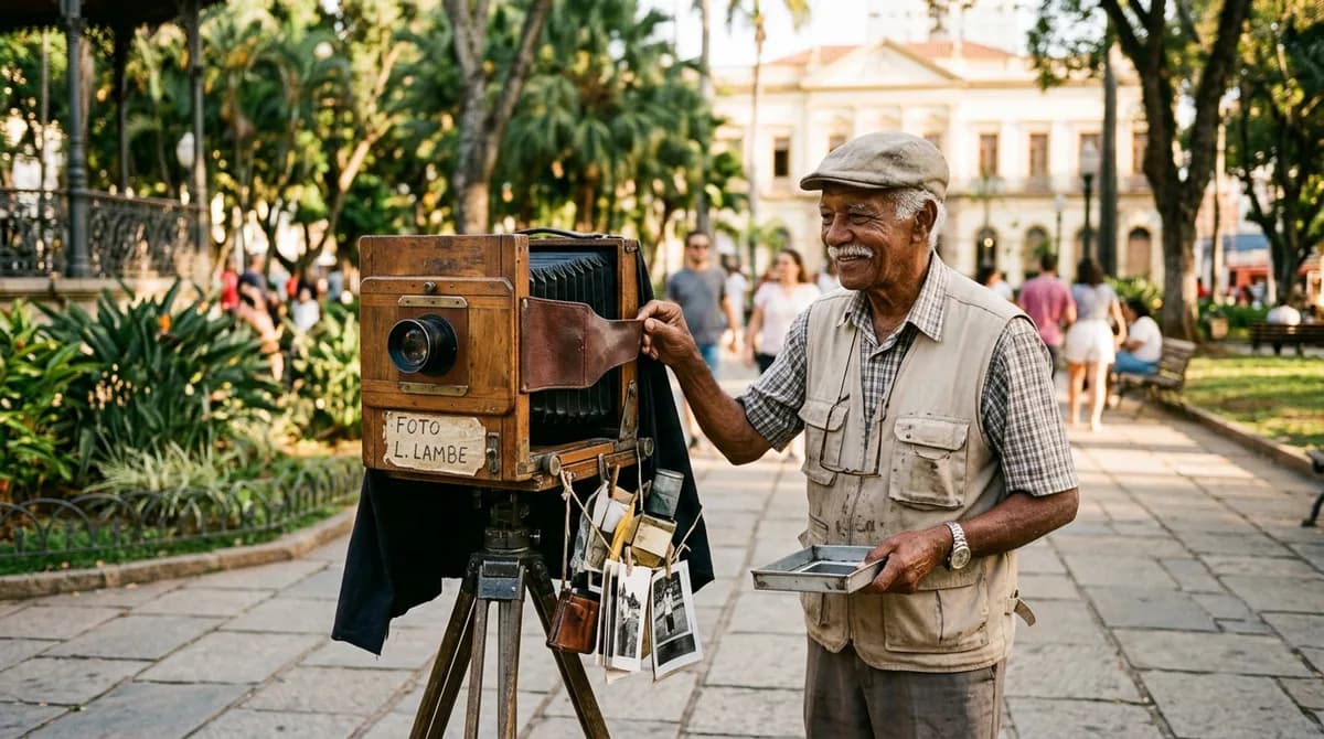 Fotógrafo lambe lambe clássico operando câmera antiga em parque brasileiro com iluminação solar quente de fim de tarde