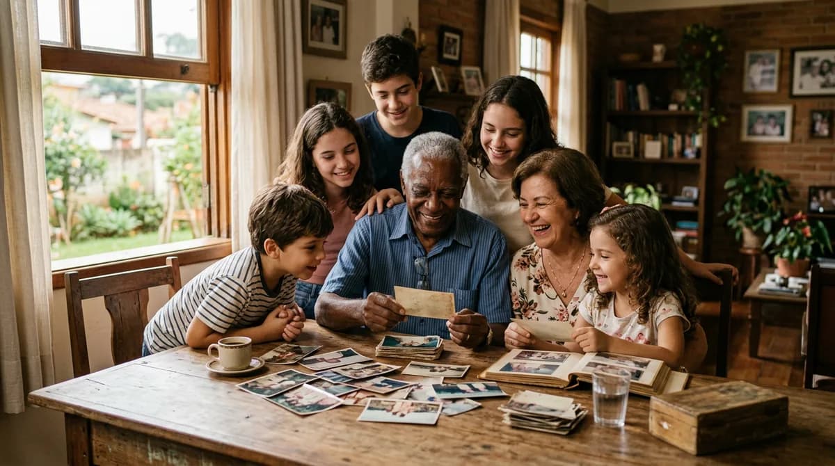 Família reunida analisando fotos antigas impressas sob iluminação suave de final de tarde