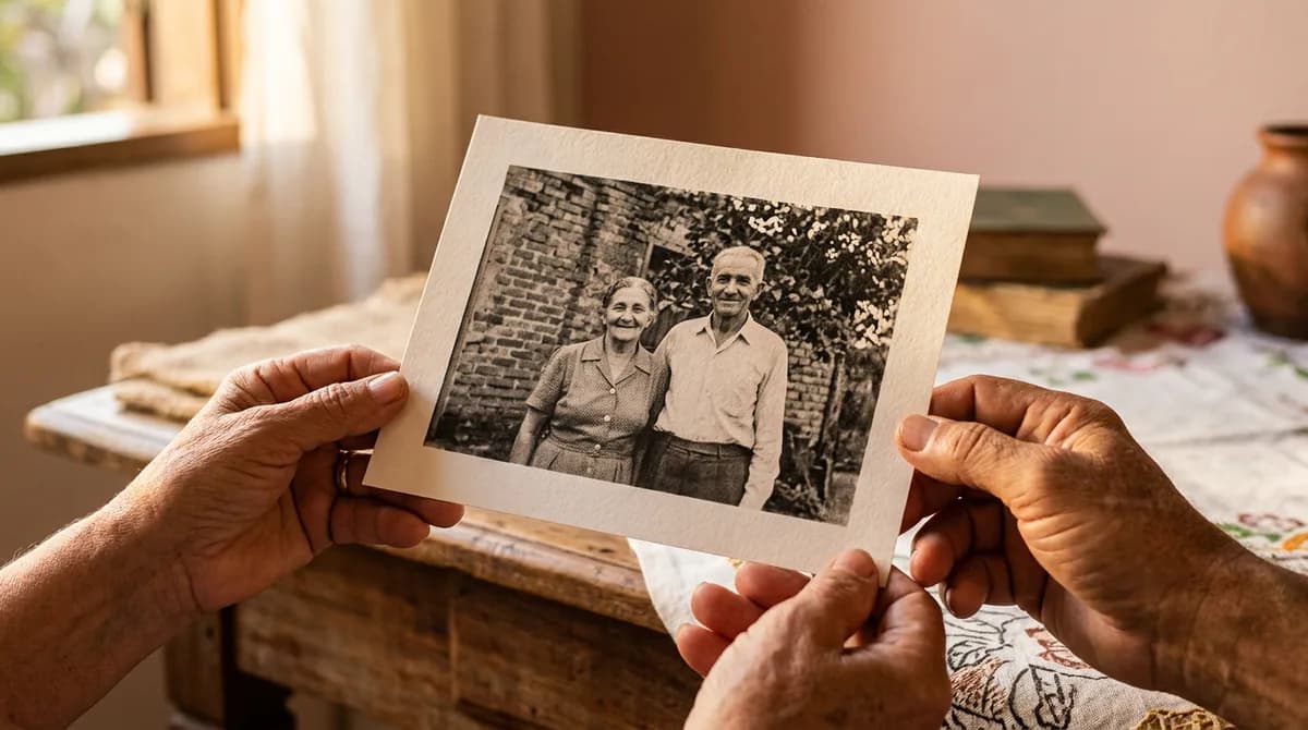 Mãos delicadas segurando uma antiga fotografia restaurada em papel fosco sob iluminação suave de fim de tarde
