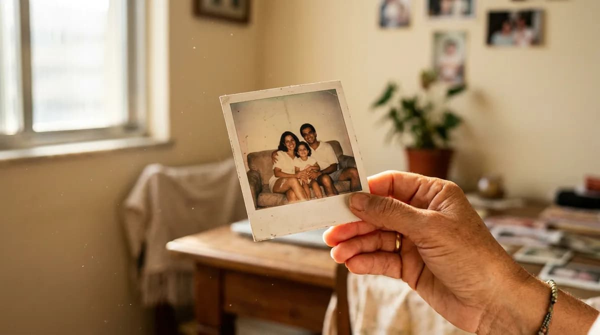 Mão segurando uma foto instantânea Polaroid antiga levemente desbotada em ambiente com iluminação natural suave