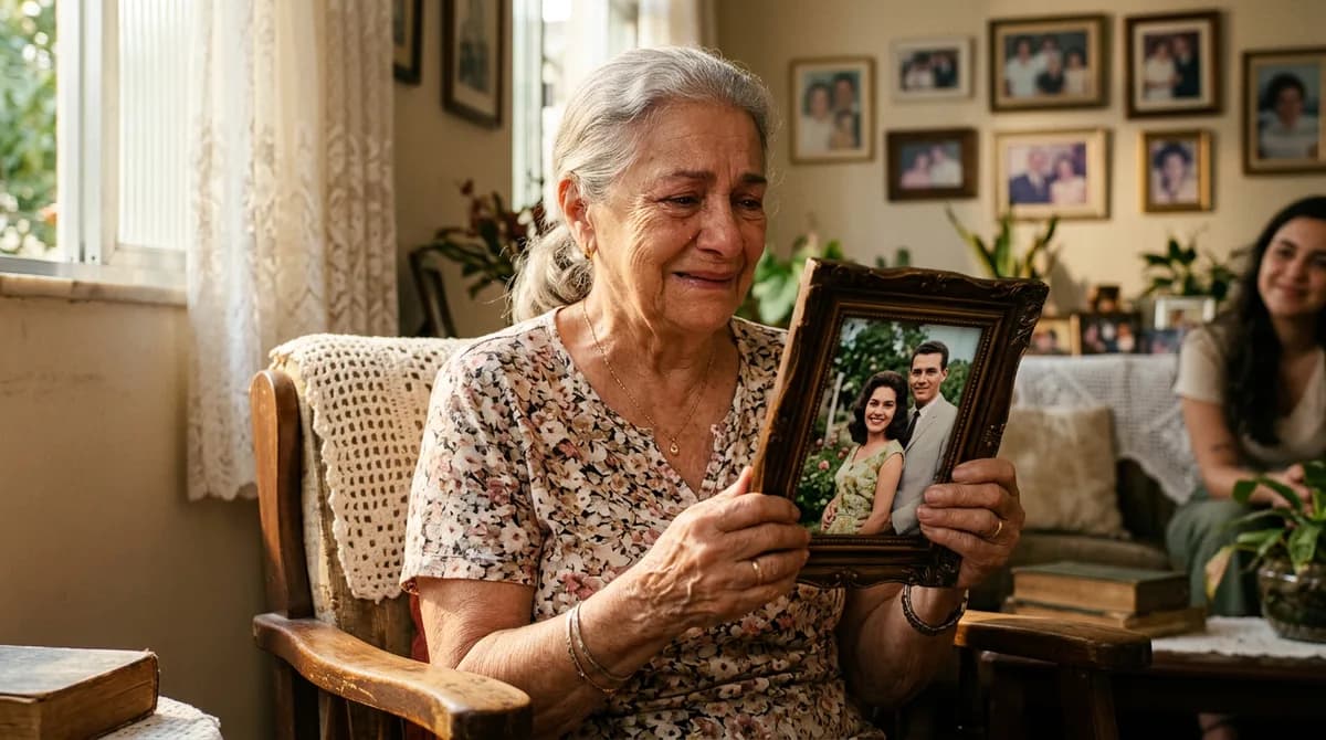 Uma idosa sorrindo ao receber de presente uma foto antiga emoldurada e colorida de sua juventude, em um ambiente familiar brasileiro quente e acolhedor.