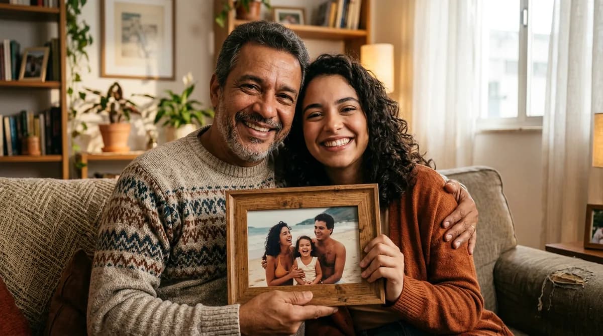 Pai e filha sorrindo juntos e segurando um quadro com uma foto antiga restaurada de família, luz natural acolhedora