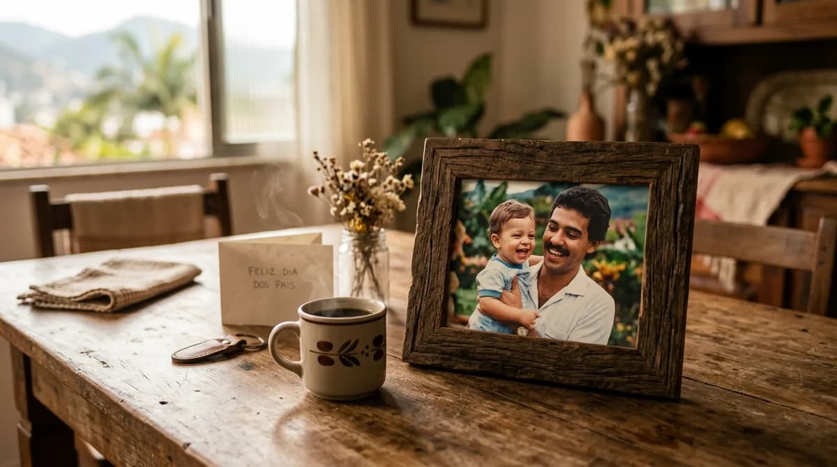 Presente dia dos pais emocionante com foto antiga restaurada em um porta-retrato de madeira sobre a mesa