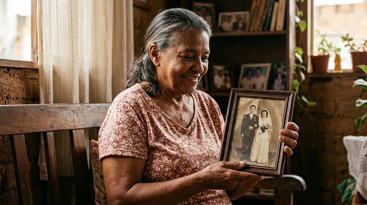 Uma bela e calorosa fotografia de um idoso mostrando um retrato de casamento antigo perfeitamente restaurado sob a luz natural da tarde