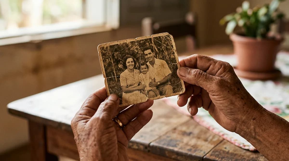 Mãos idosas segurando um retrato antigo arranhado sob iluminação natural quente